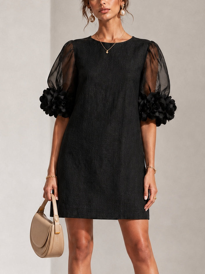 Women's Black Mini Dress with Sheer Floral Cuffs, Black, view 1