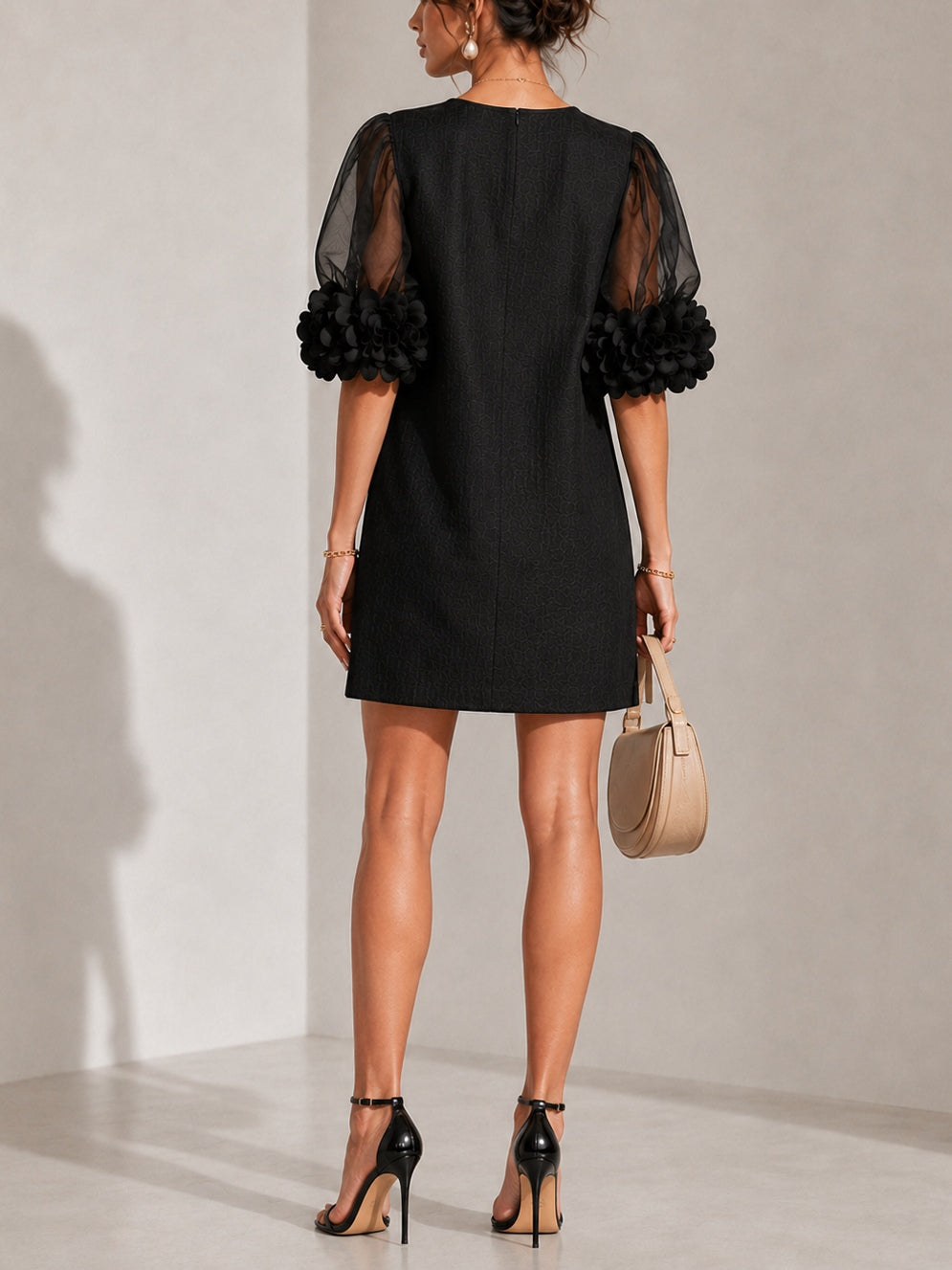 Women's Black Mini Dress with Sheer Floral Cuffs, view 3