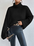 Women's Black Oversized Waffle-Knit Turtleneck Jumper, Black, view 1
