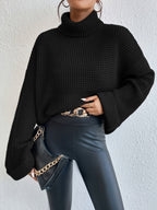 Women's Black Oversized Waffle-Knit Turtleneck Jumper, Black, view 1