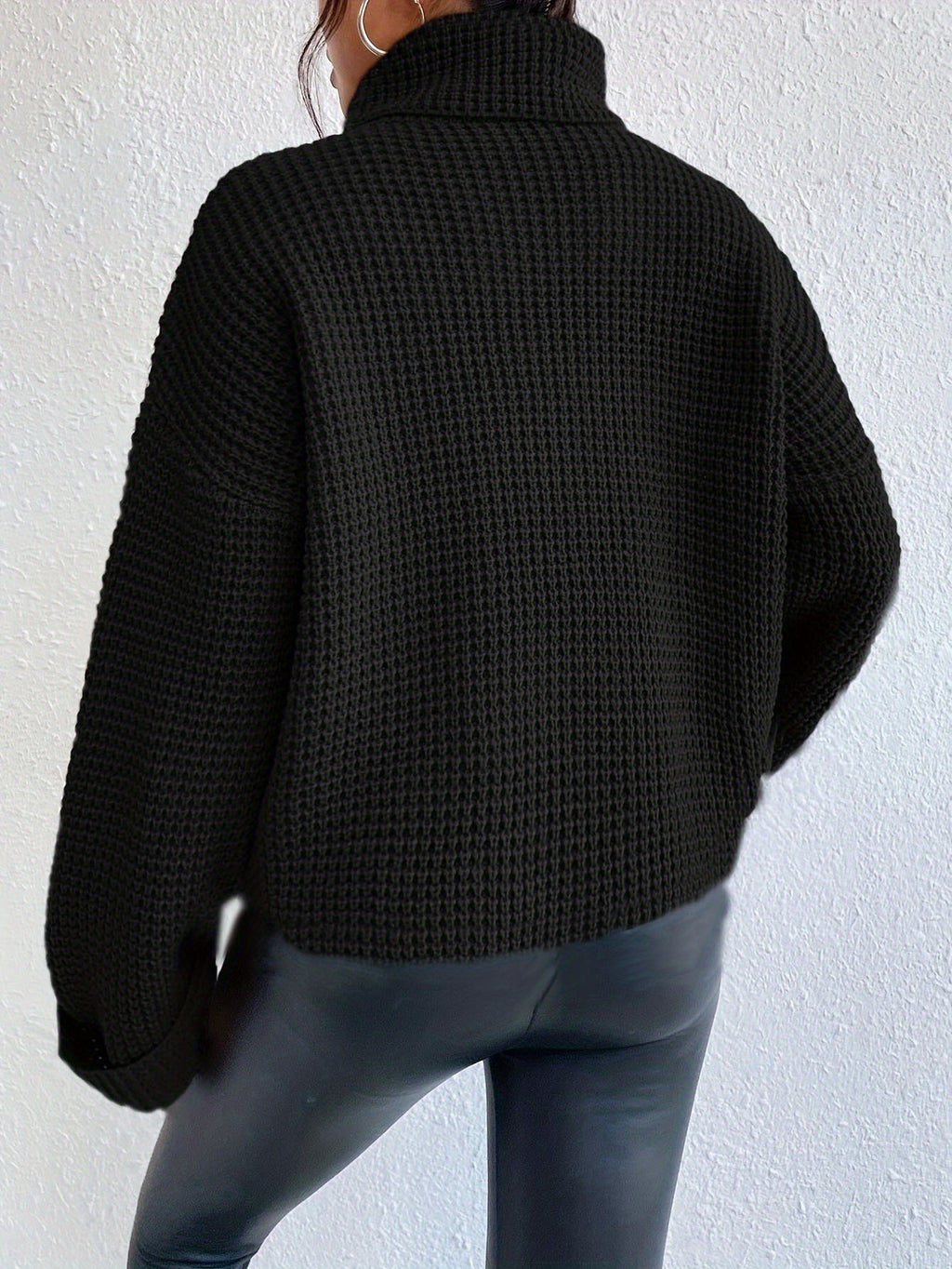 Women's Black Oversized Waffle-Knit Turtleneck Jumper, view 2