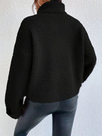 Women's Black Oversized Waffle-Knit Turtleneck Jumper, view 2