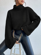 Women's Black Oversized Waffle-Knit Turtleneck Jumper, view 3