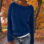 Women's Boat Neck Fine Knit Jumper, Blue, view 3