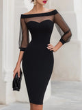 Women's Bodycon Midi Dress with Mesh Sleeves and Sweetheart Neckline, Black, view 1