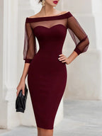 Women's Bodycon Midi Dress with Mesh Sleeves and Sweetheart Neckline, Burgundy, view 5