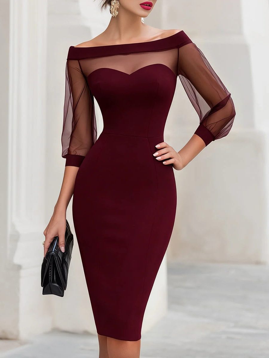 Women's Bodycon Midi Dress with Mesh Sleeves and Sweetheart Neckline, Burgundy, view 5
