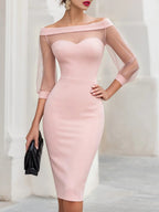 Women's Bodycon Midi Dress with Mesh Sleeves and Sweetheart Neckline, Pink, view 6
