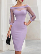 Women's Bodycon Midi Dress with Mesh Sleeves and Sweetheart Neckline, Purple, view 7