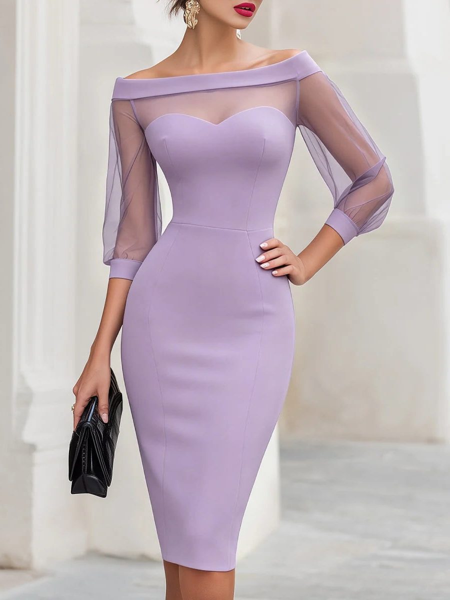Women's Bodycon Midi Dress with Mesh Sleeves and Sweetheart Neckline, Purple, view 7
