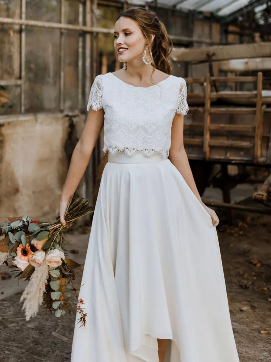 Women's Bridal Dress Set with Lace Crop Top and Maxi Skirt, White, view 1