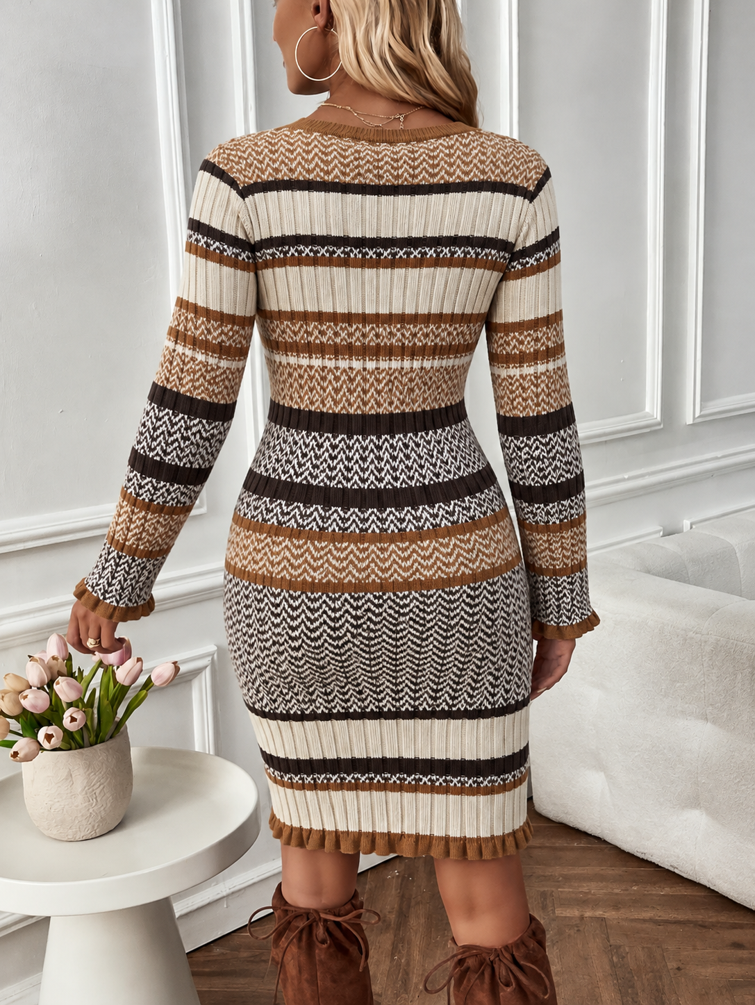 Women's Brown and Cream Striped Knit Mini Dress, view 2