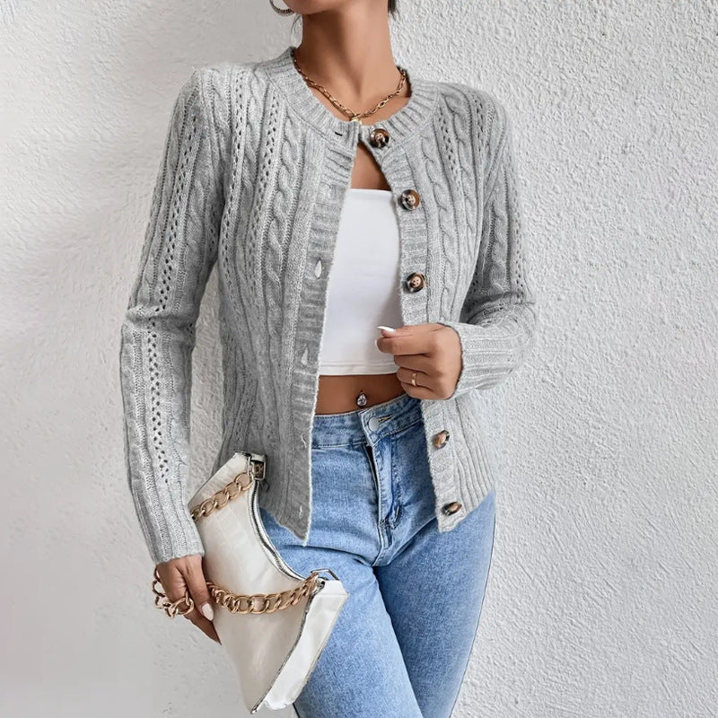 Women's Cable and Pointelle Knit Cardigan with Tortoiseshell Buttons, Grey, view 1