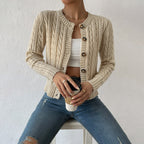 Women's Cable and Pointelle Knit Cardigan with Tortoiseshell Buttons, Apricot, view 3