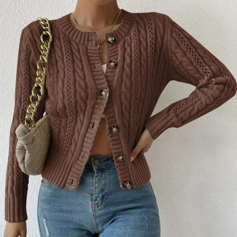 Women's Cable and Pointelle Knit Cardigan with Tortoiseshell Buttons, Brown, view 4