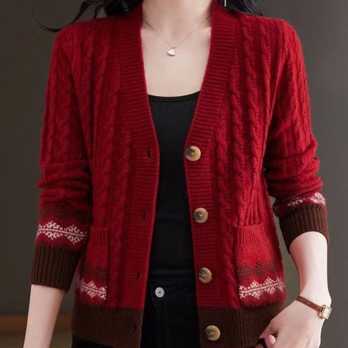 Women's Cable Knit Cardigan with Fair Isle Trim and Wooden Buttons, Red, view 1