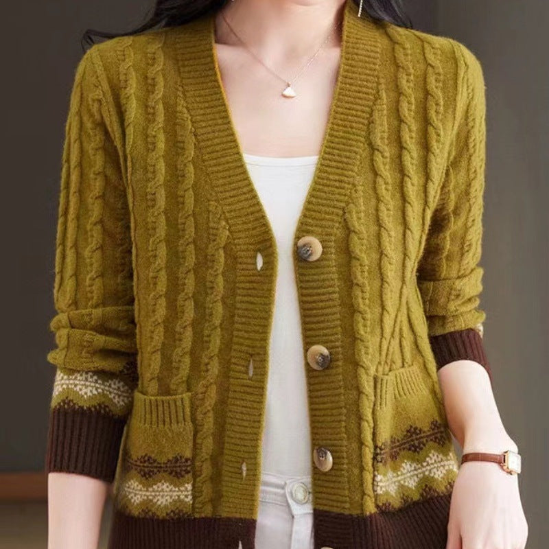 Women's Cable Knit Cardigan with Fair Isle Trim and Wooden Buttons, Yellow, view 2