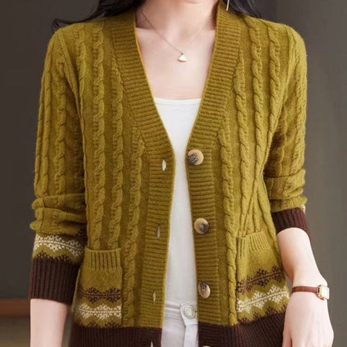 Women's Cable Knit Cardigan with Fair Isle Trim and Wooden Buttons, Yellow, view 2
