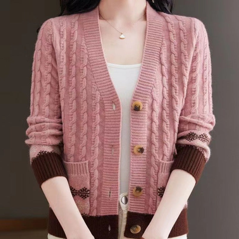 Women's Cable Knit Cardigan with Fair Isle Trim and Wooden Buttons, Pink, view 3
