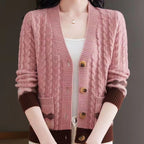 Women's Cable Knit Cardigan with Fair Isle Trim and Wooden Buttons, Pink, view 3