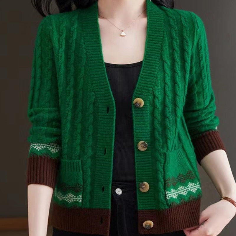 Women's Cable Knit Cardigan with Fair Isle Trim and Wooden Buttons, Green, view 4