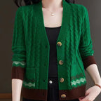 Women's Cable Knit Cardigan with Fair Isle Trim and Wooden Buttons, Green, view 4
