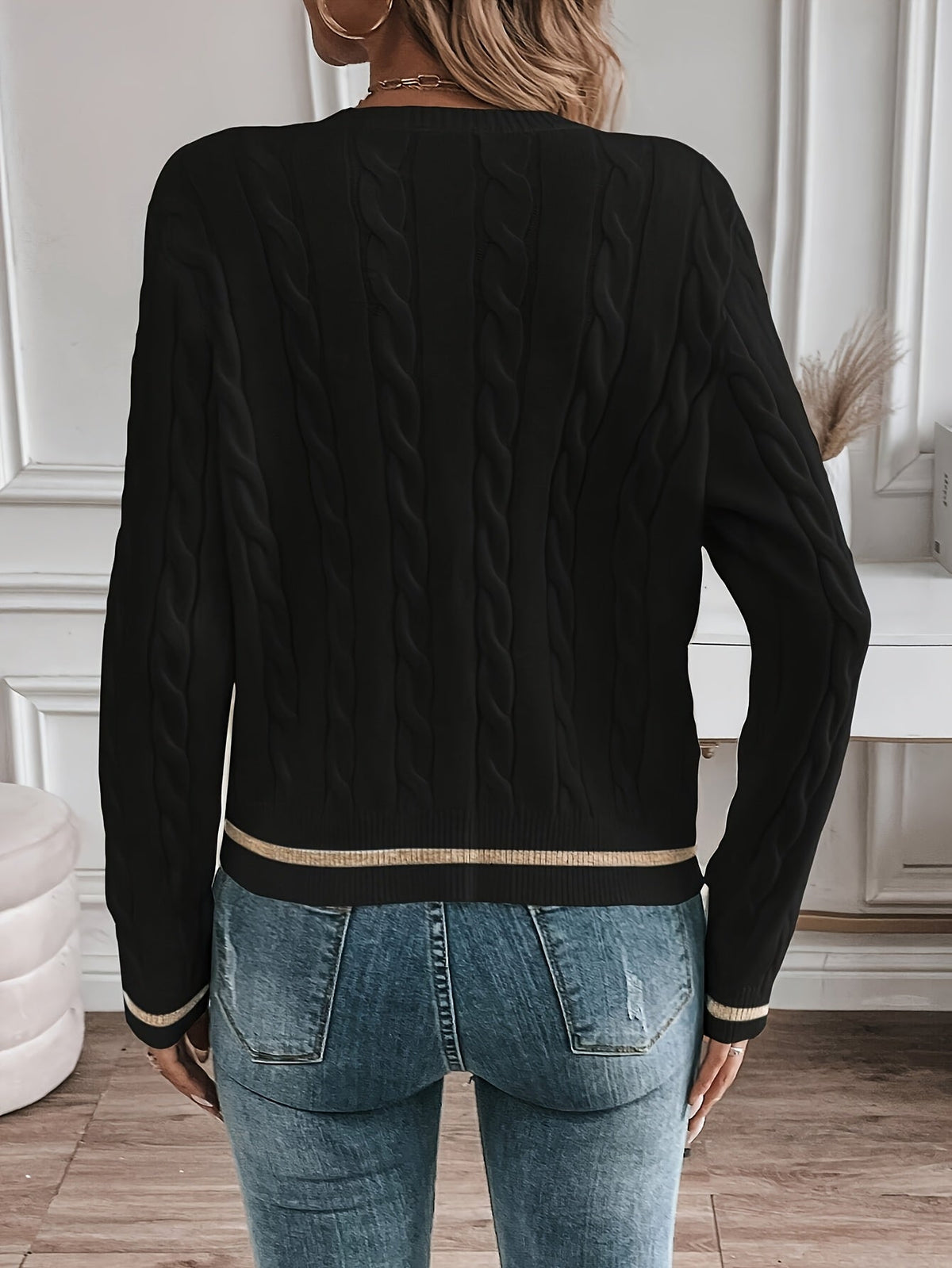 Women's Cable Knit Cardigan with Gold-Tone Trim, view 2