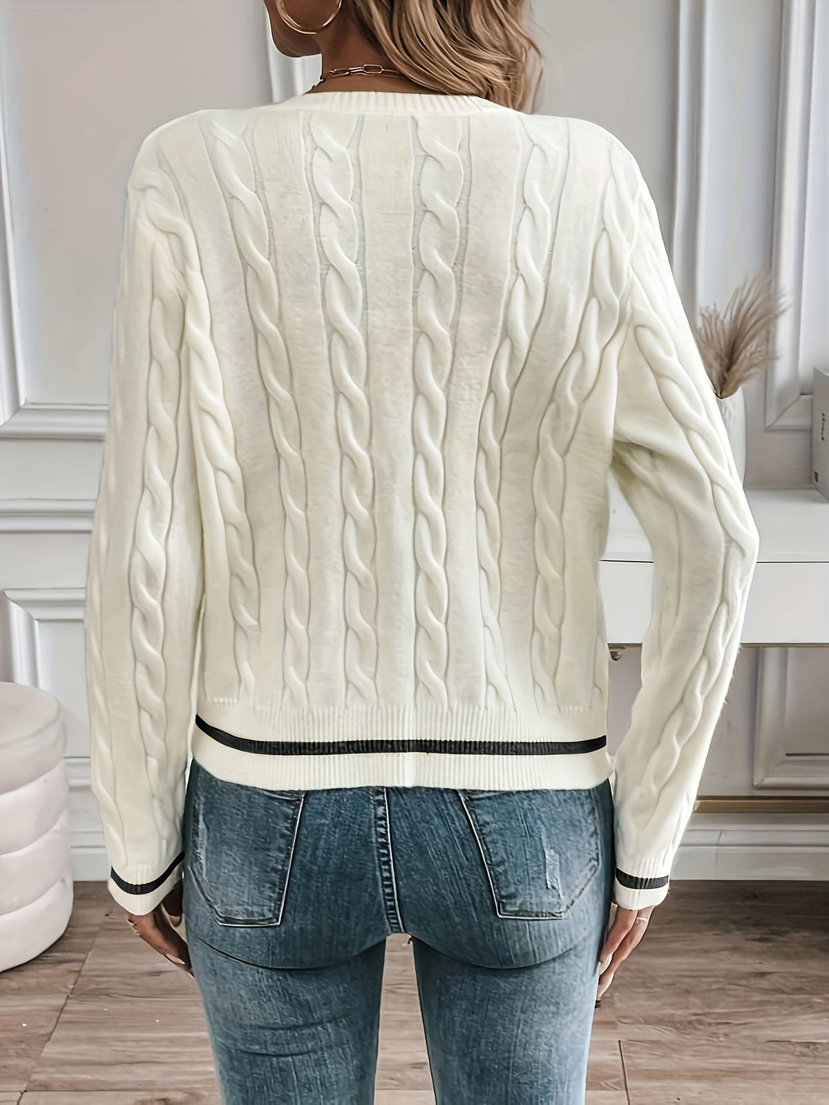Women's Cable Knit Cardigan with Gold-Tone Trim, view 4