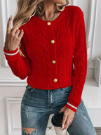 Women's Cable Knit Cardigan with Gold-Tone Trim, Red, view 5