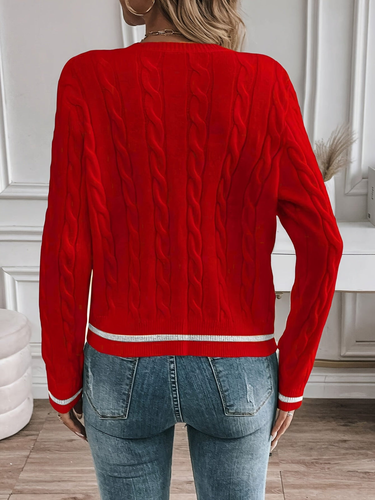 Women's Cable Knit Cardigan with Gold-Tone Trim, view 6