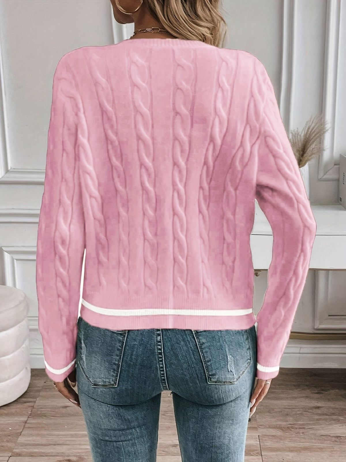 Women's Cable Knit Cardigan with Gold-Tone Trim, view 8