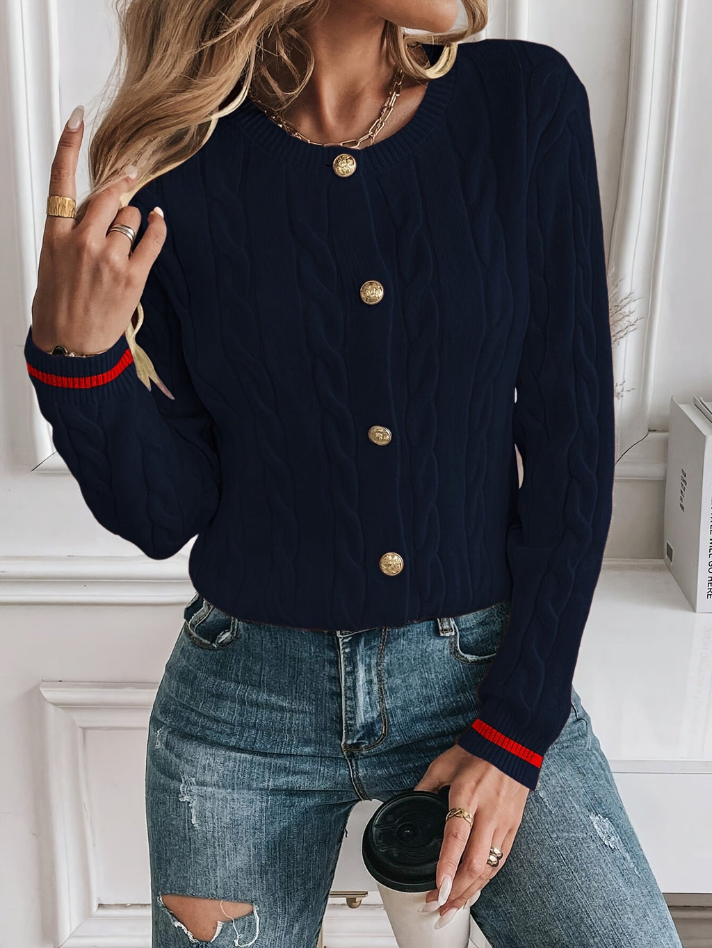 Women's Cable Knit Cardigan with Gold-Tone Trim, Navy, view 11