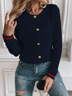 Women's Cable Knit Cardigan with Gold-Tone Trim, Navy, view 11