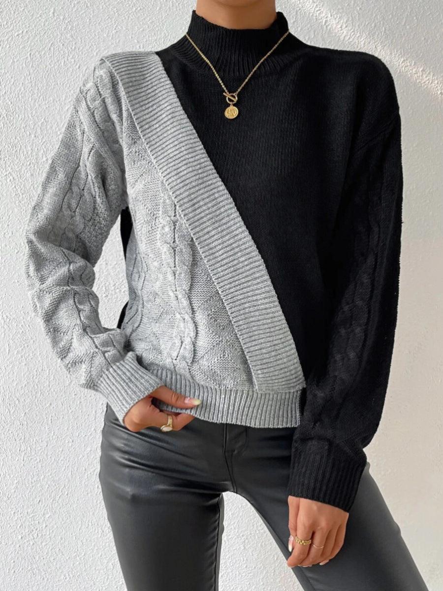 Women's Cable Knit Colour Block Jumper with Mock Neck, view 2