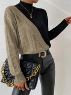 Women's Cable Knit Colour Block Jumper with Mock Neck, Khaki, view 4