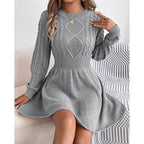 Women's Cable Knit Dress with Fitted Waist and Flared Skirt, Grey, view 1
