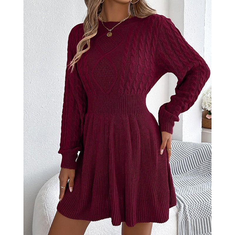 Women's Cable Knit Dress with Fitted Waist and Flared Skirt, Red, view 4