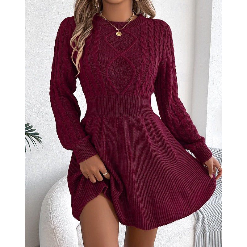 Women's Cable Knit Dress with Fitted Waist and Flared Skirt, view 6