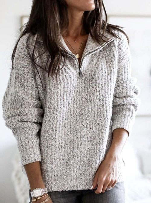Women's Cable-Knit Half-Zip Collar Jumper, Grey, view 1