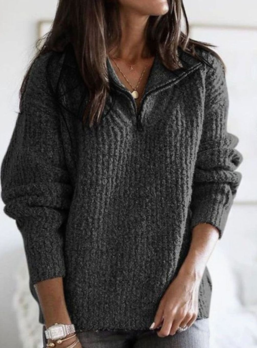 Women's Cable-Knit Half-Zip Collar Jumper, Dark Grey, view 3