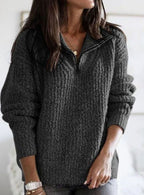 Women's Cable-Knit Half-Zip Collar Jumper, Dark Grey, view 3
