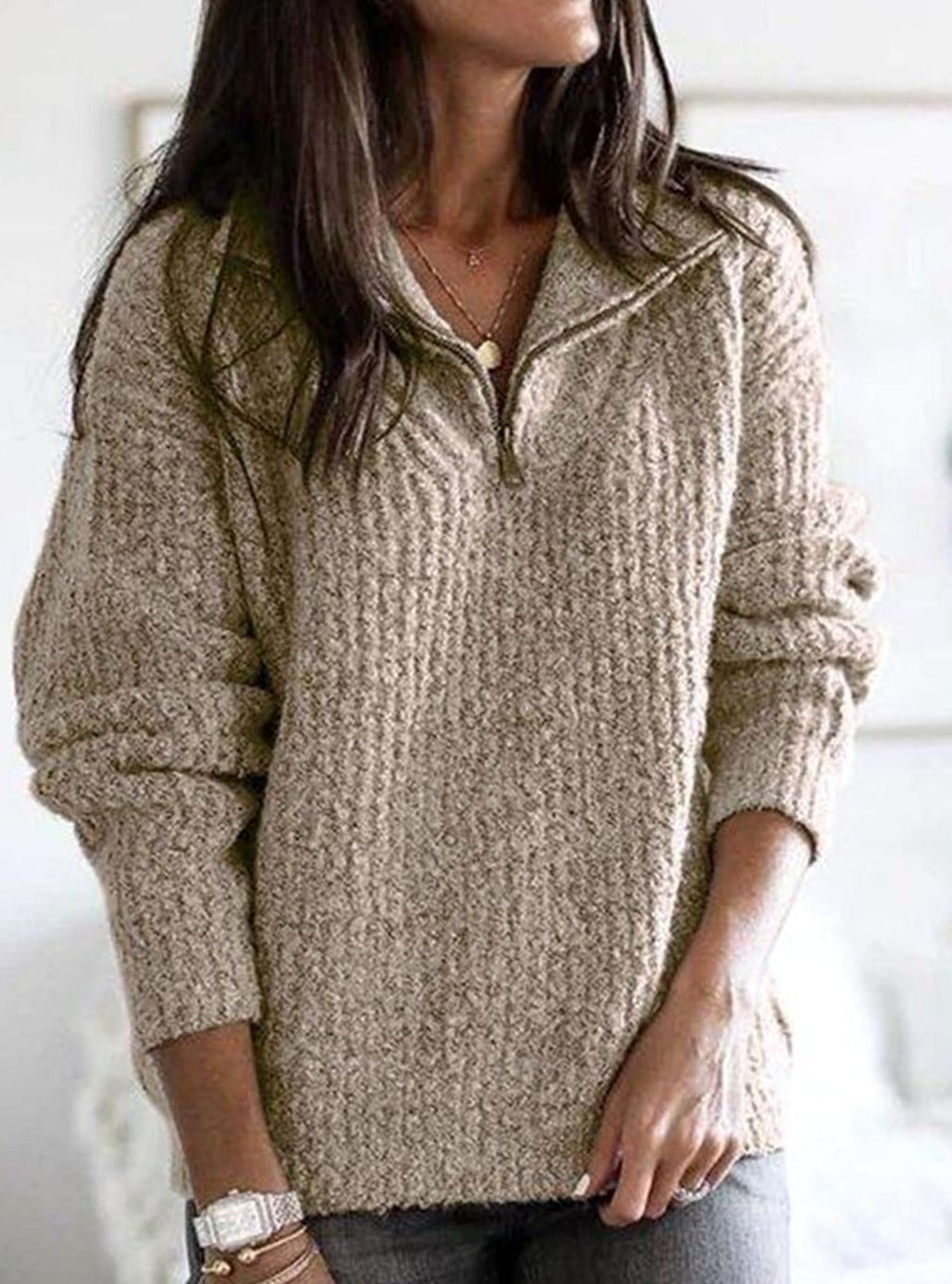 Women's Cable-Knit Half-Zip Collar Jumper, Khaki, view 5