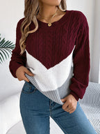 Women's Cable Knit Jumper with Chevron Colour Block Panel, Burgundy, view 2