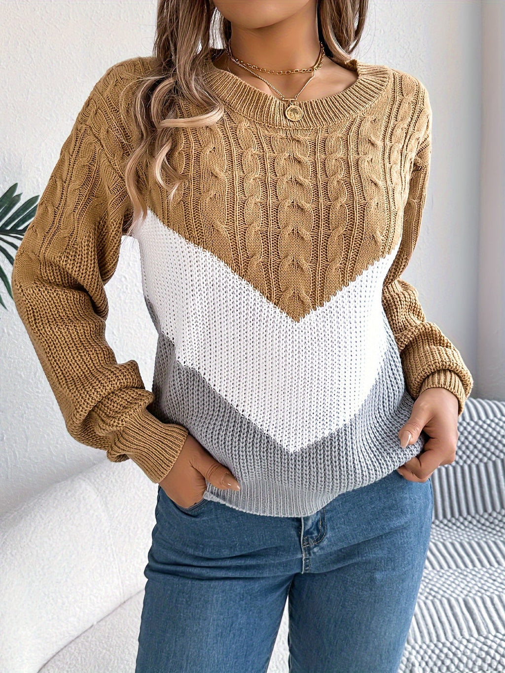 Women's Cable Knit Jumper with Chevron Colour Block Panel, Khaki, view 3