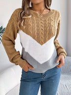 Women's Cable Knit Jumper with Chevron Colour Block Panel, Khaki, view 3