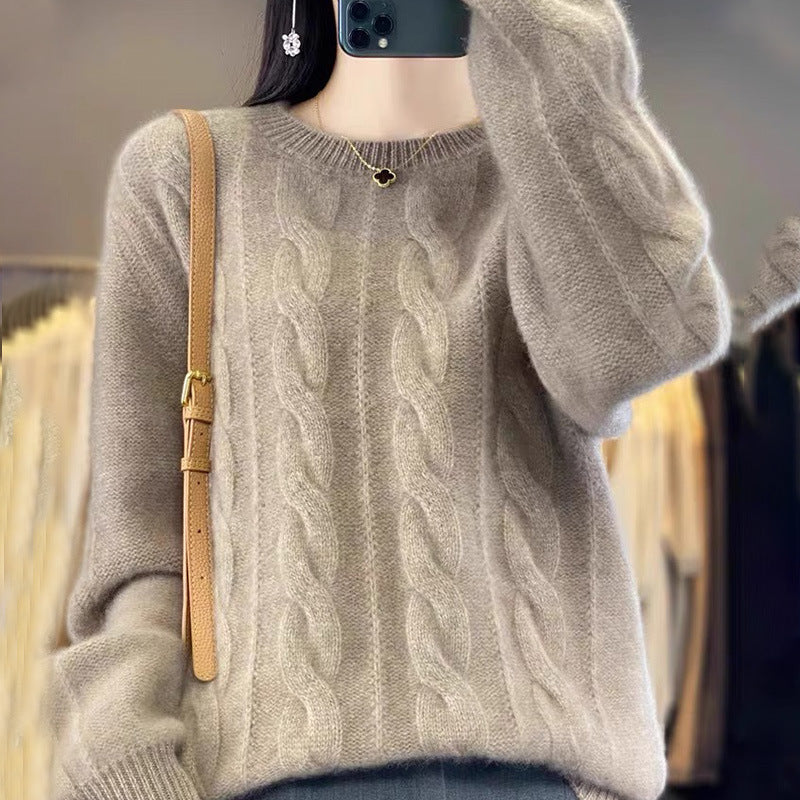 Women's Cable Knit Jumper with Crew Neck and Long Sleeves, Khaki, view 1