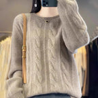 Women's Cable Knit Jumper with Crew Neck and Long Sleeves, Khaki, view 1