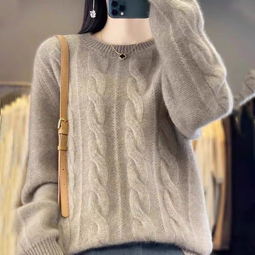 Women's Cable Knit Jumper with Crew Neck and Long Sleeves, Khaki, view 1