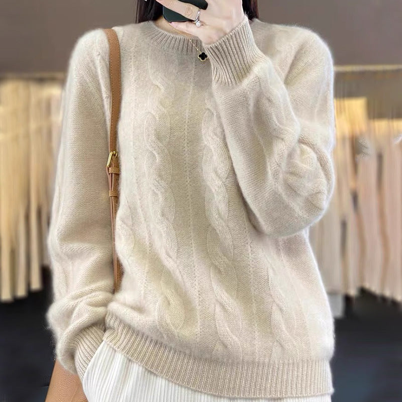 Women's Cable Knit Jumper with Crew Neck and Long Sleeves, Beige, view 2