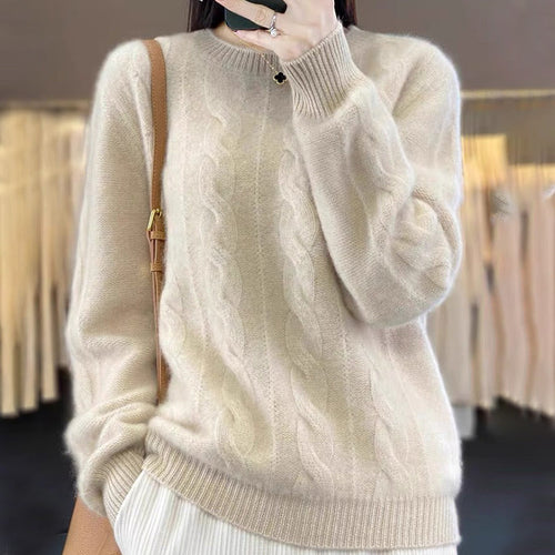 Women's Cable Knit Jumper with Crew Neck and Long Sleeves, Beige, view 2